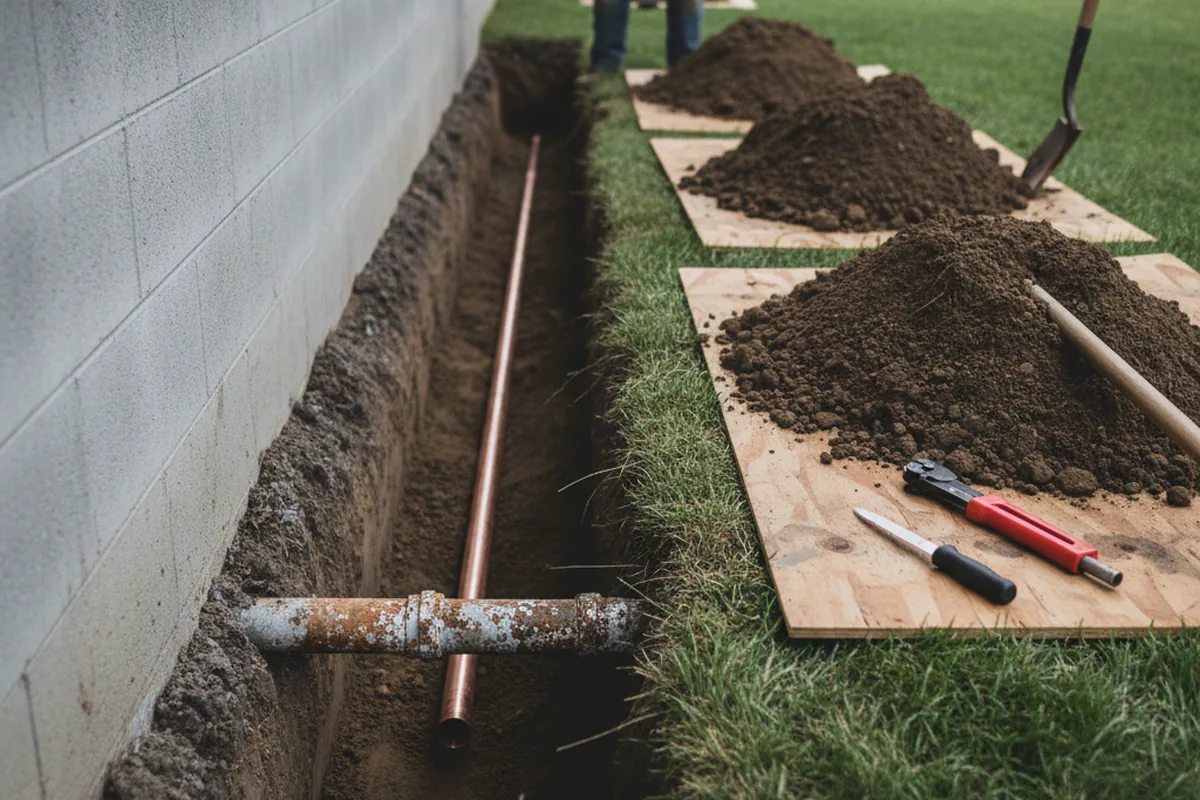 Excavated water line trench during Sewer Line Repair in White Pine